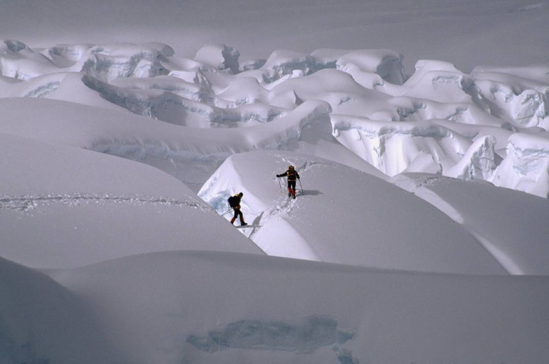 Climbers in the labyrinth of crevasses.